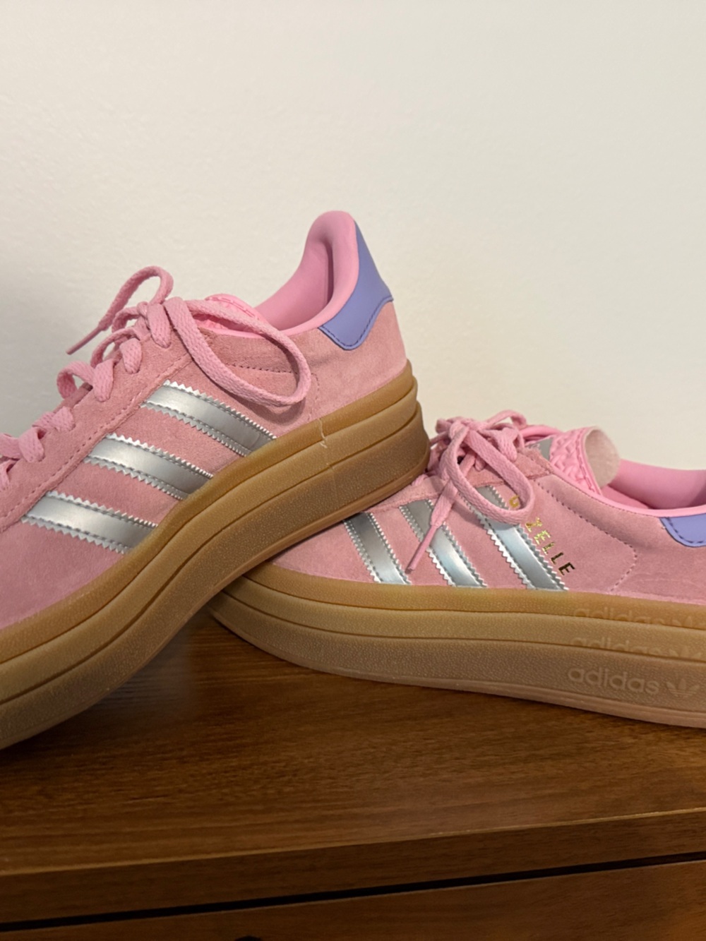adidas Pink Suede Platform Sneakers with Silver Stripes and Gum Sole